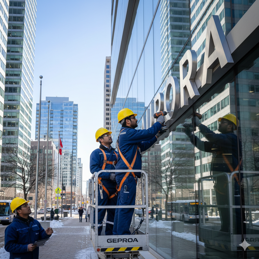 Channel letter installation on high-rise building