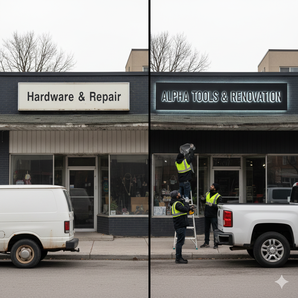 Before and after storefront signage transformation