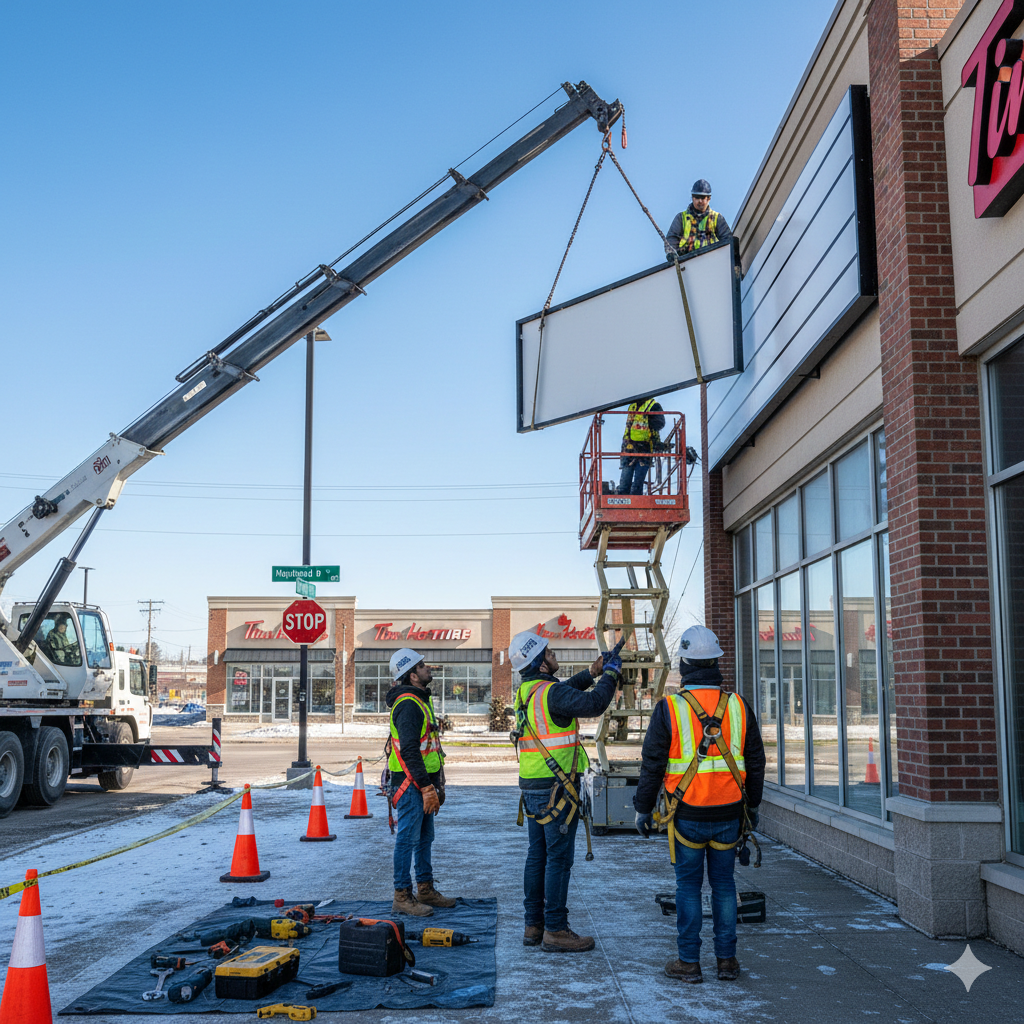 Crane installing large signage panel