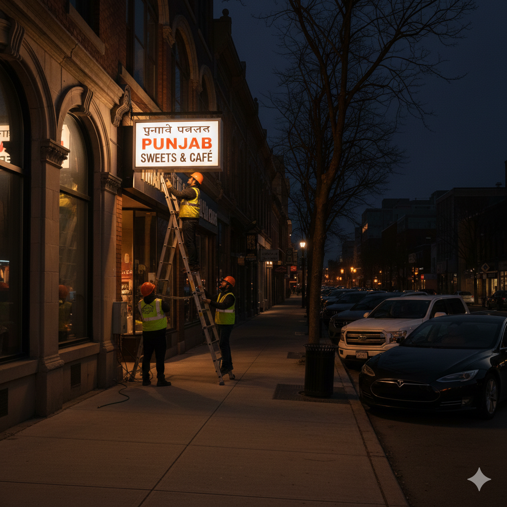 Night installation of illuminated signage